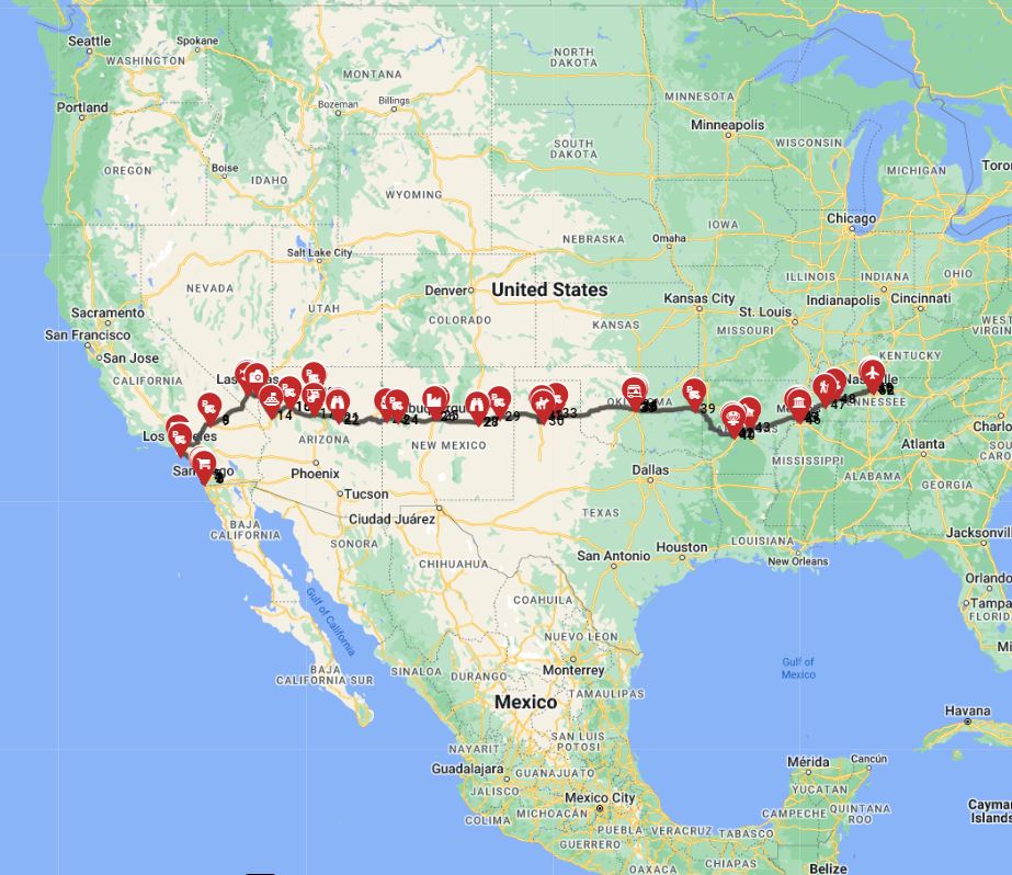 San Diego to Nashville fully planned route